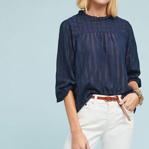 Anthropologie Maeve Reston Blouse |‎ Navy Gold Metallic Stripe Large, Like New!